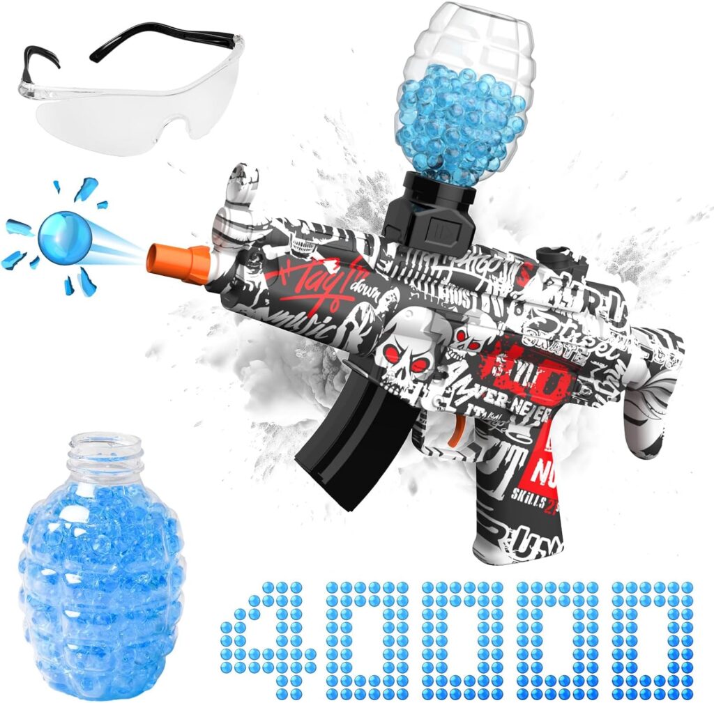 Electric Gel Ball Blaster Gun Splat Gun Fun and Safe Toy Guns for Boys 8-12 Years Old with 40000 Gel Balls, Rechargeable Battery, USB Charger and Goggles (Black and White)