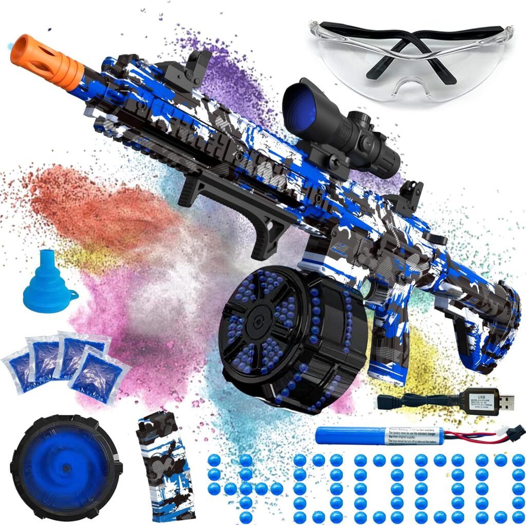 Electric Gel Ball Blaster, High Speed Automatic Splatter Ball Blaster with 40000+ Water Beads and Goggles, JIFTOK Rechargeable Splatter Ball Toys for Outdoor Activities Shooting Game Party Favors-Blue