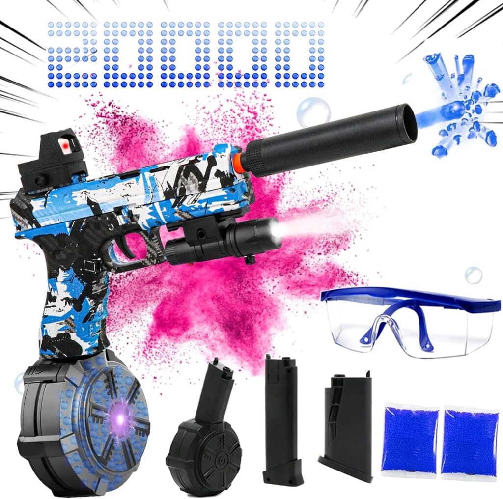 Electric Gel Ball Blaster Pistol with Drum,Desert-E Manual  Automatic Dual Mode,High Speed Automatic Splatter Ball Blaster with 20000+ Water Beads,Goggles for Shooting Team Game,Ages 13+,Blue